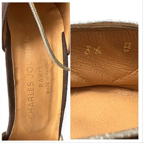 Charles Jourdan Brown Suede Ankle Strap Pumps With Gold Metal Heel, Size 8 1/2 - Picture 9 of 15